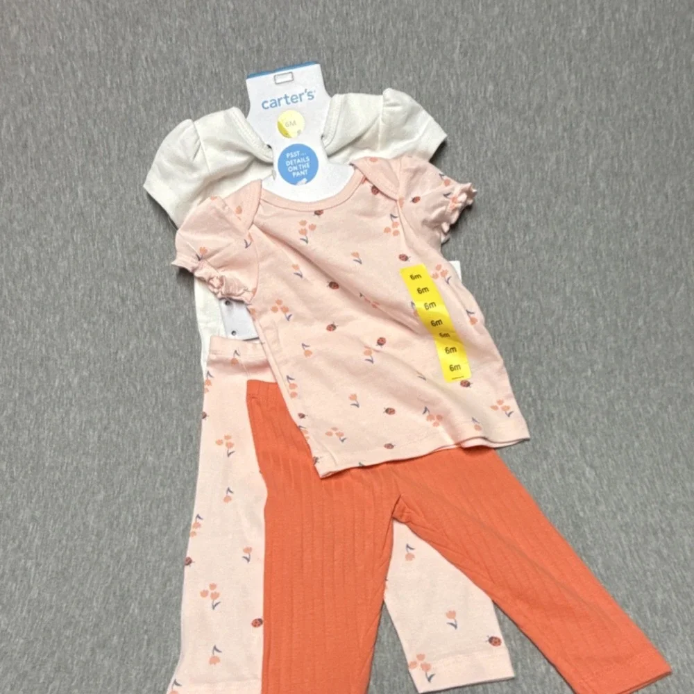 Carter's 3 Piece Ladybug Floral Pants Set 6M Pink Orange Shirt Bodysuit